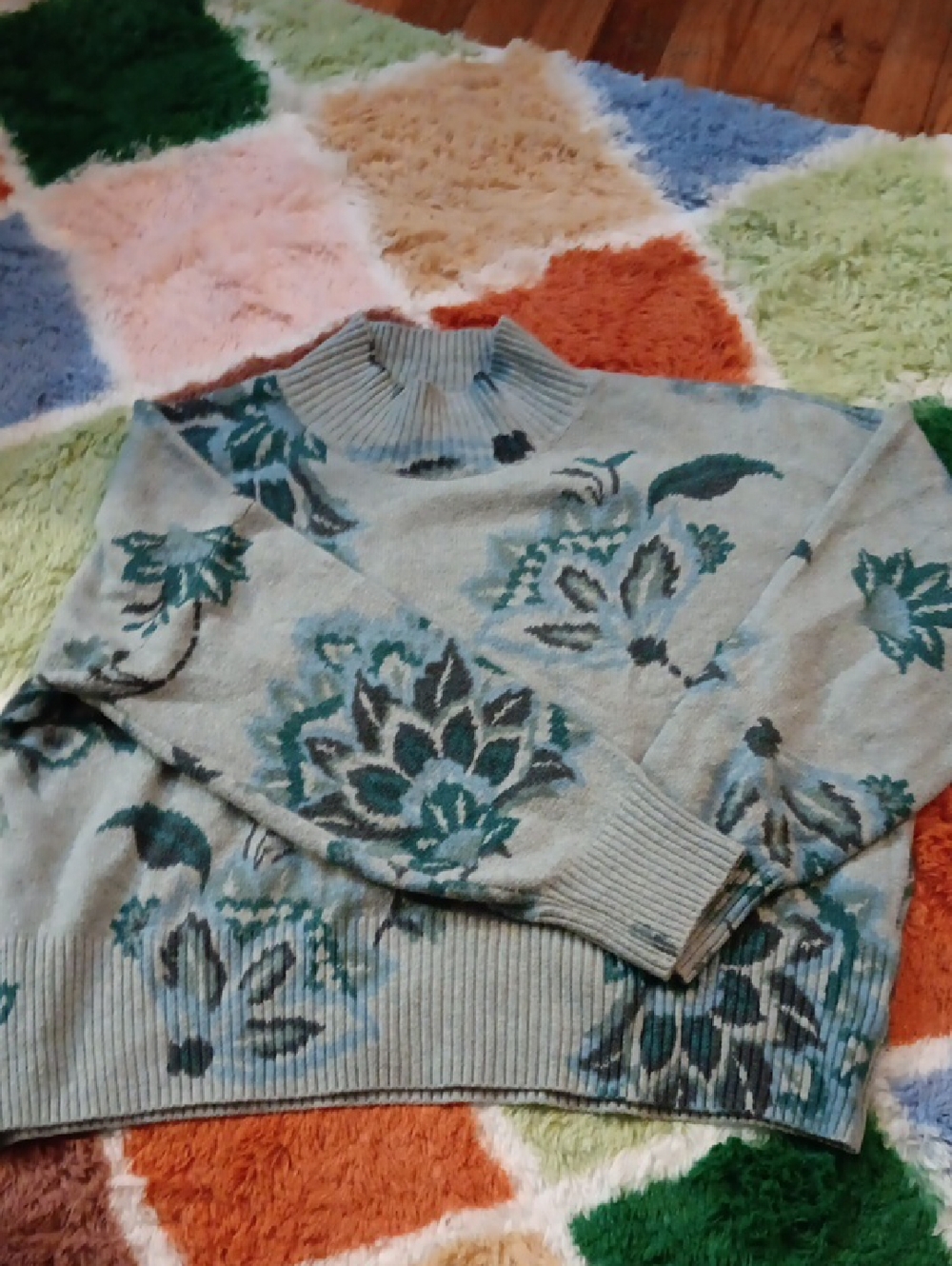LC Lauren Conrad Light Blue Mock Neck Sweater with Teal Floral Pattern